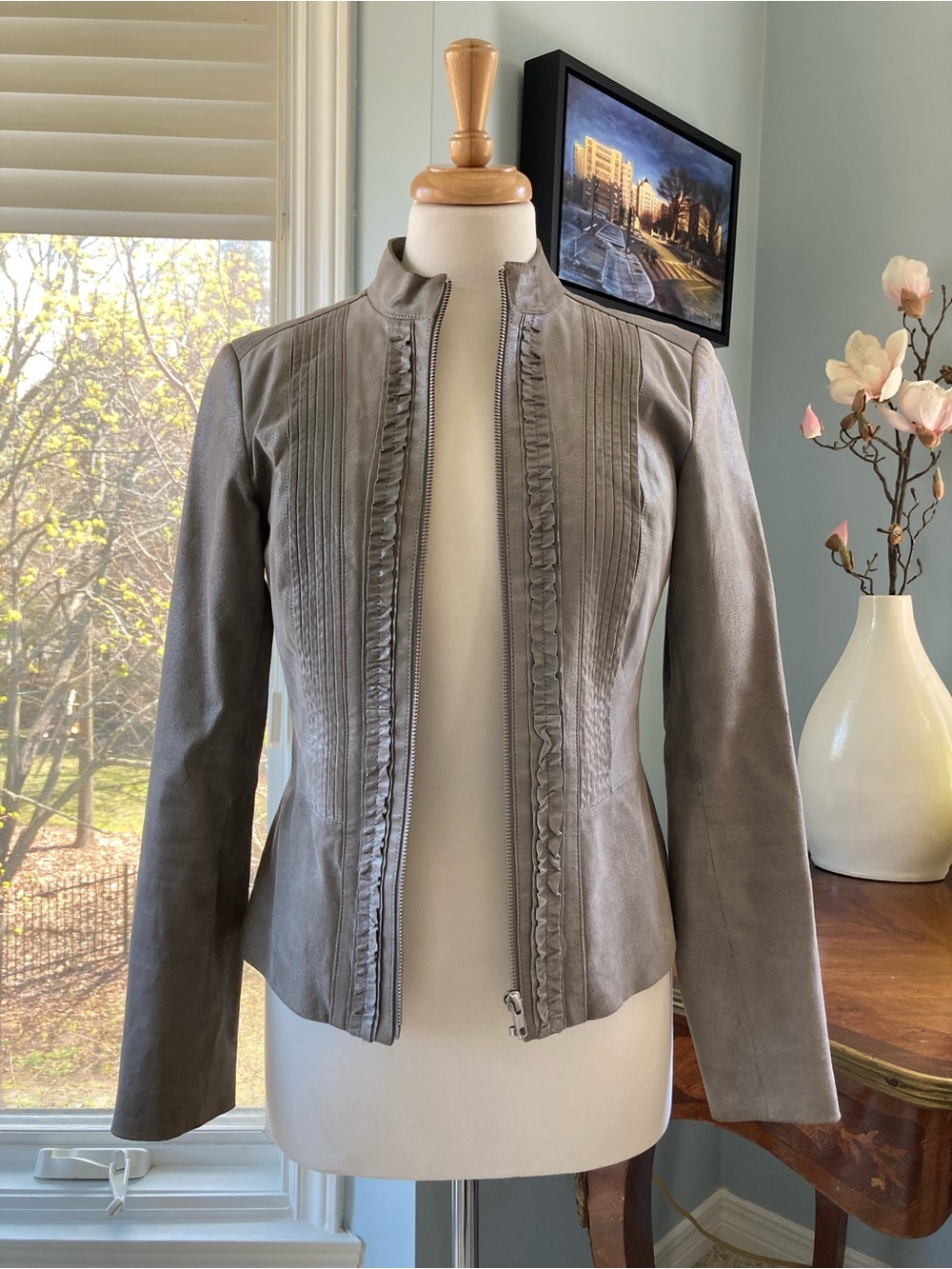 Danier Womens Gray Ruffled Zip-Front Leather Jacket